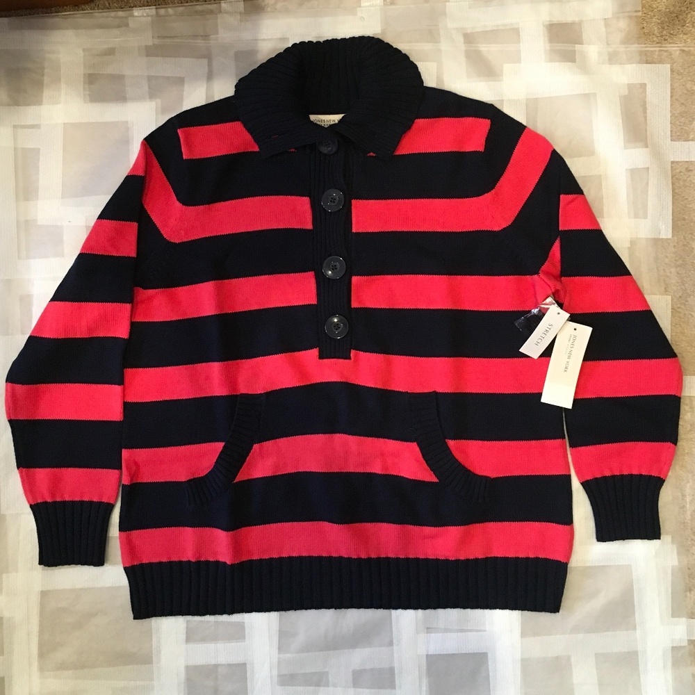 NWT Jones New York Sport Woman Striped Polo Sweater Navy Coral 1X Stretch Pocket
